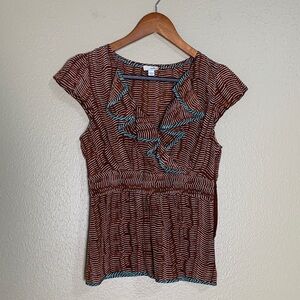 Anthropologie Odille Brown Printed Silk Peplum Blouse Cap Sleeves Y2K Size‎ 2